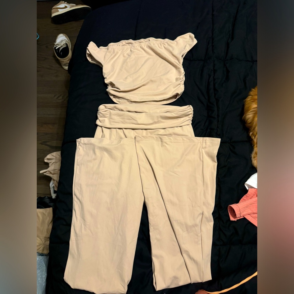 Cream off the shoulder top and straight leg pants set #offtheshoulder